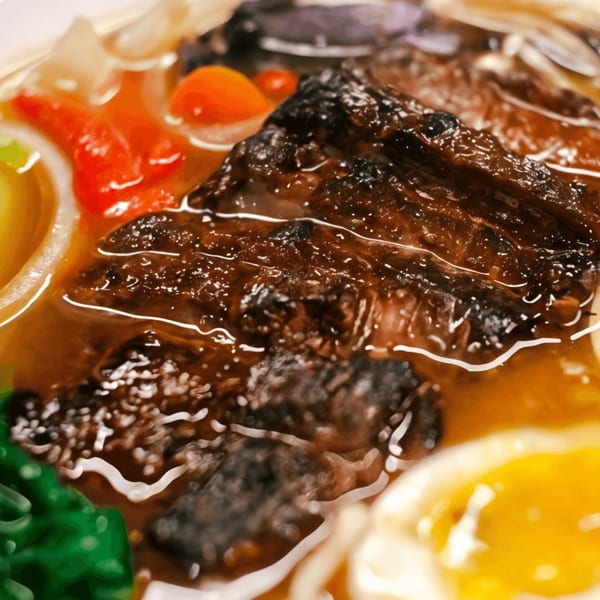 Close-up of a Japanese ramen bowl with char-grilled meat, vegetables, and a soft-boiled egg.