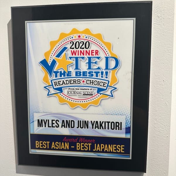Framed 2020 "Voted The Best" Readers' Choice award for Myles and Jun Yakitori, Best Asian - Best Japanese.