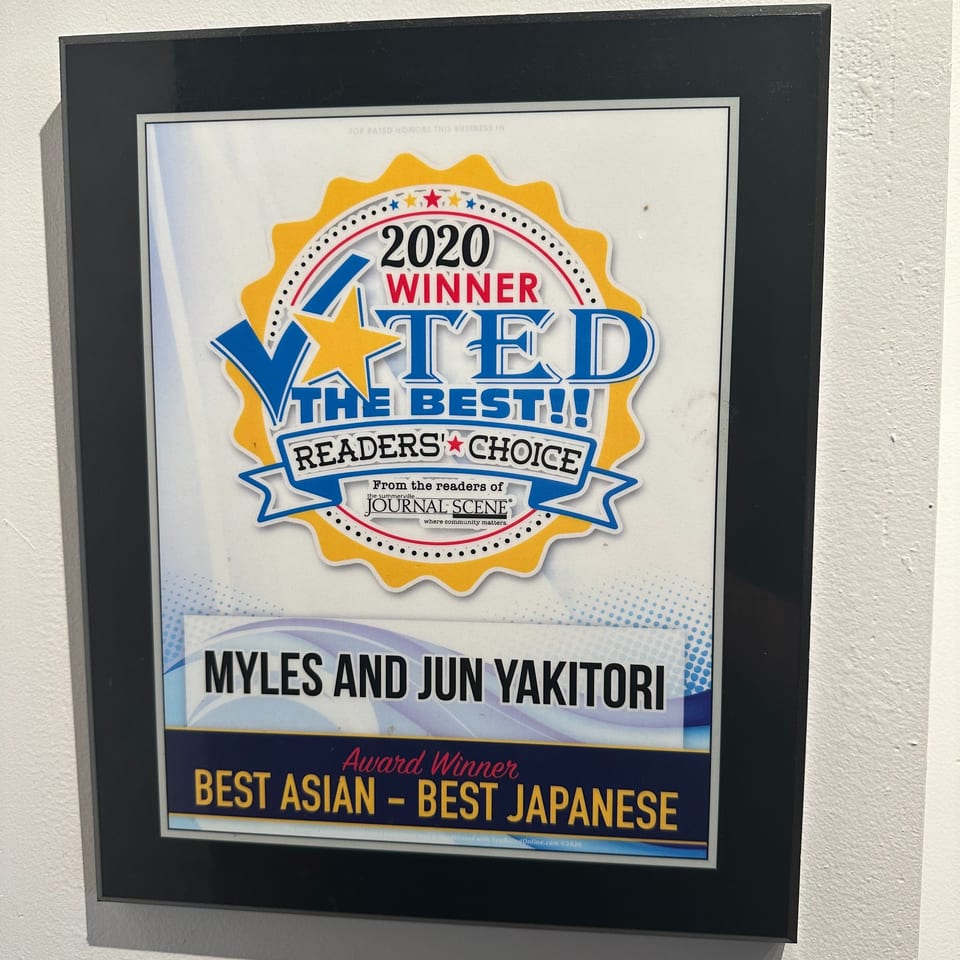 Framed 2020 "Voted The Best" Readers' Choice award for Myles and Jun Yakitori, Best Asian - Best Japanese.